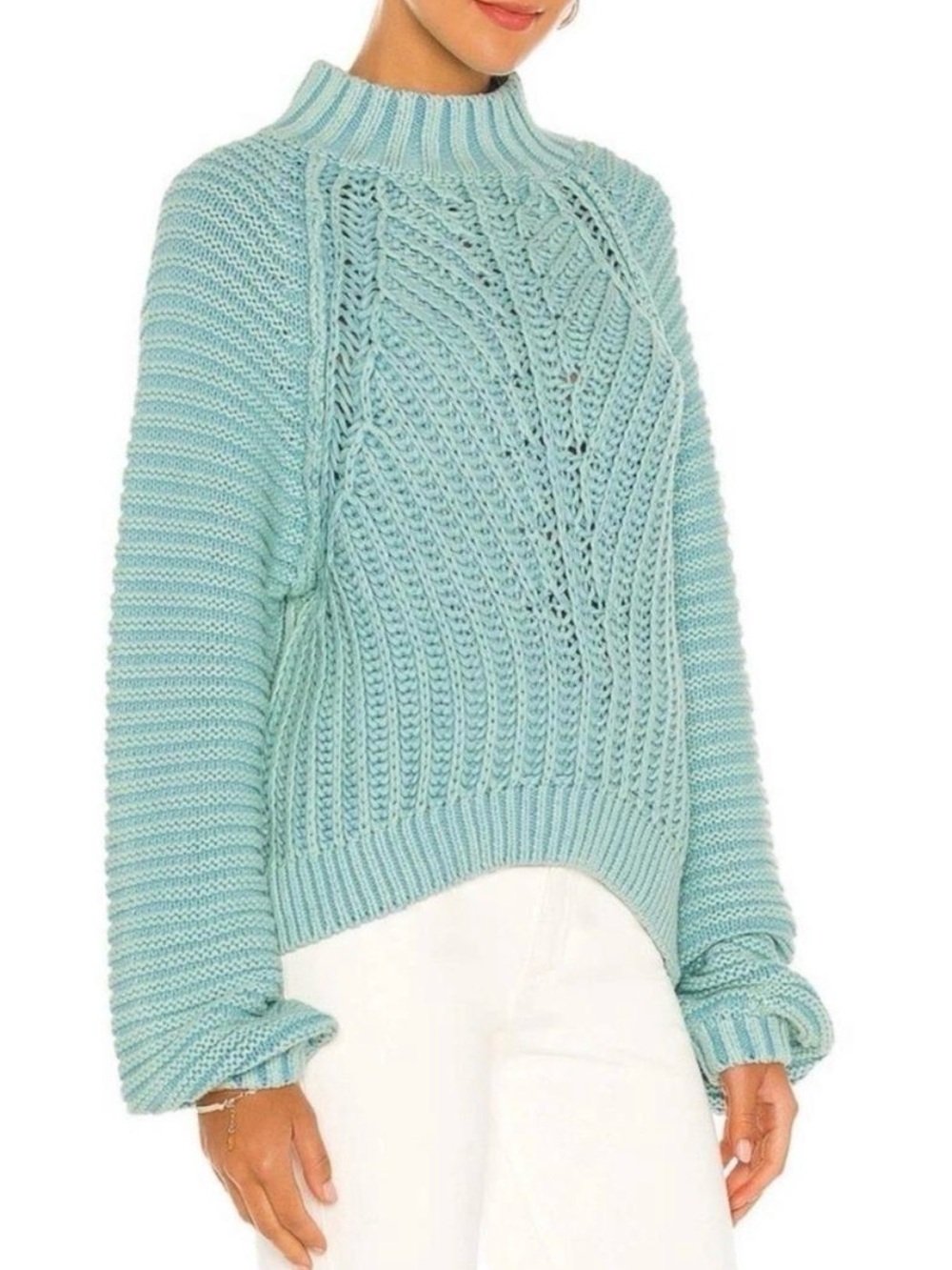 Free People Misty Aqua Cable Knit Mock Neck Sweater
